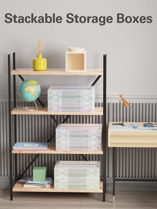Denkee Large Paper Storage Box, 4 Pack Plastic Scrapbook Paper Storage Organizer with Handle for A4, 8.5 x 11 US Letter, Portable File Document Case, Board Game Storage
