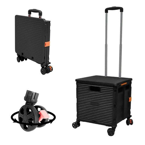 FELICON SELORSS Foldable Utility Cart Folding Portable Rolling Crate Handcart with Durable Heavy Duty Plastic Telescoping Handle Collapsible 4 Rotate Wheels for Travel Shop Move Luggage Office(Black)