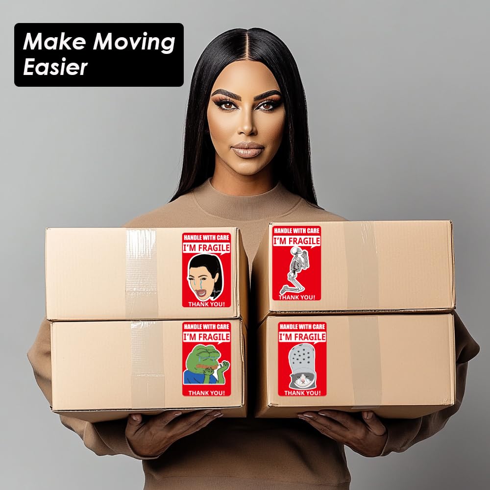 3x2 Inch Funny Fragile Stickers for Shipping - Cry Meme Design, 500 Strong Adhesive Labels, Handle with Care Stickers for Moving and Packaging (1 Roll)