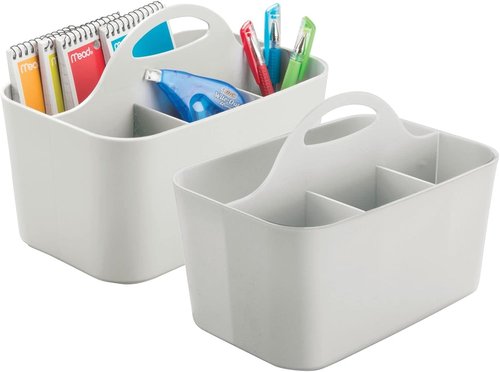 mDesign Utility Tote Caddy - Small Plastic Office Storage Organizer with Handle | Light Gray, 2 Pack