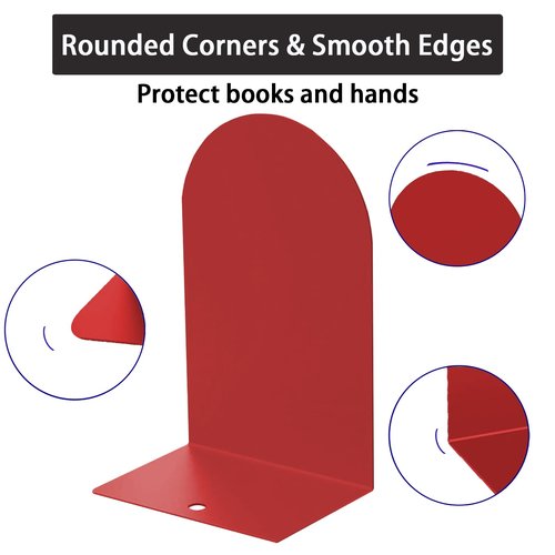 MerryNine Metal Book Ends, 4 Pack Red Bookends for Shelves, Book Holder for Heavy Books, Book End for Kids Books, Decoration Bookend for Home Office