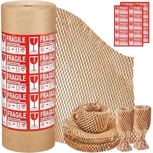 JARLINK Honeycomb Packing Paper, 15"x 412' Bubble Packing Wrap for Packing/Shipping/Moving, Eco-Friendly Bubble Packing Paper Wrapping Roll, Recyclable Moving Supplies With 30 Fragile Sticker Labels