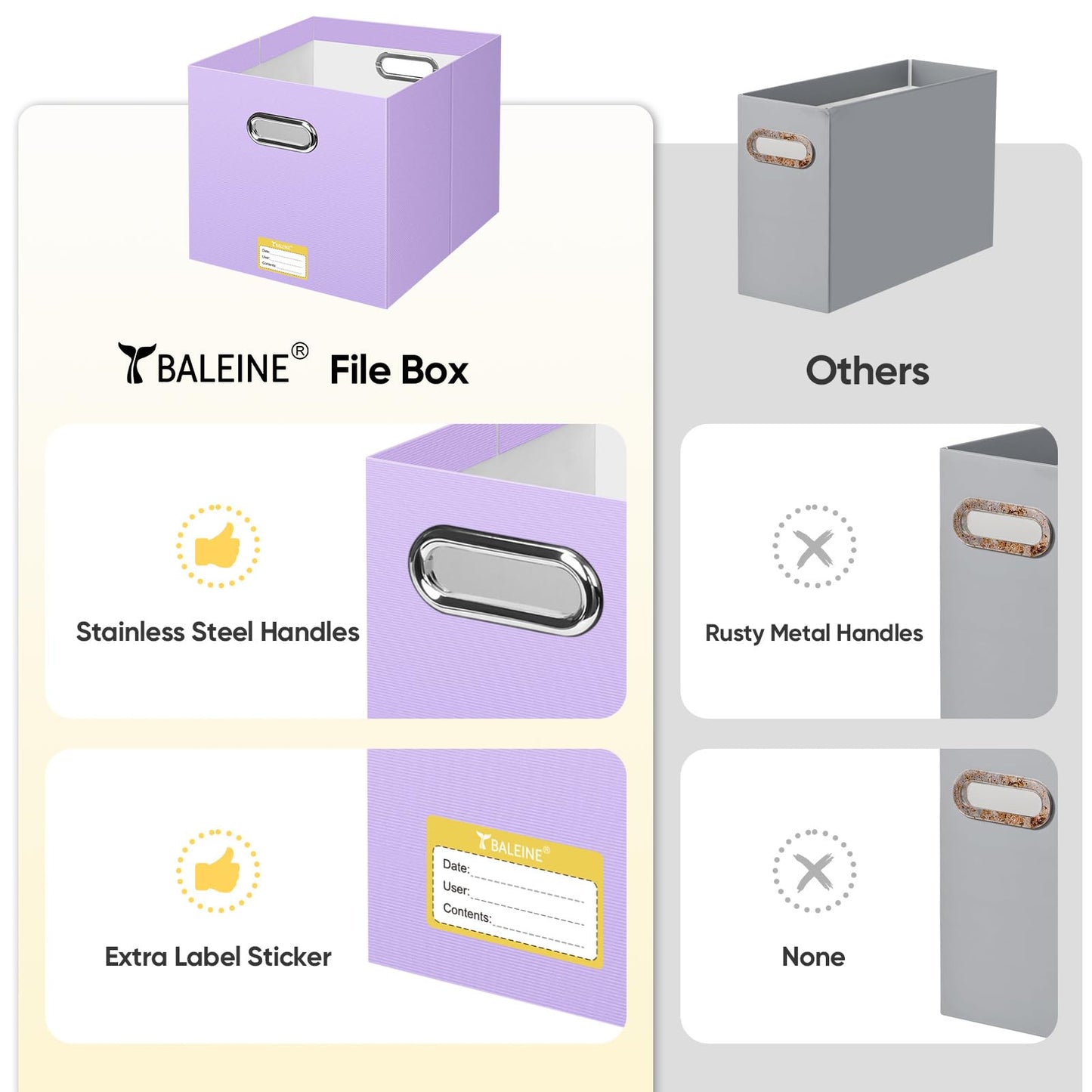 BALEINE File Organizer Box, Cardboard File Folder Organizer with Handle for Letter Size, Portable Collapsible Hanging Filing Box for Home Office Document Storage (2 Pack, Large Lavender)