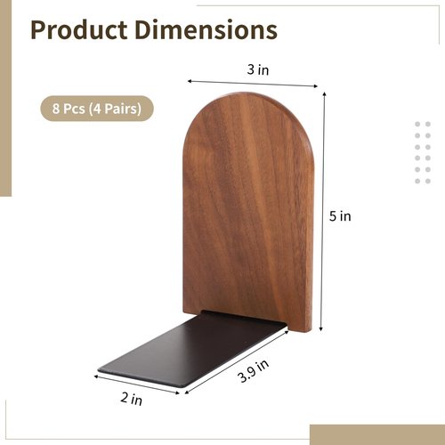 4 Pairs Wood Bookends, Heavy Duty Book Ends for Heavy Books, Non-Skid Book Organizers for Desk, Stylish Walnut Wood Design with Curved Top & Metal Support Base