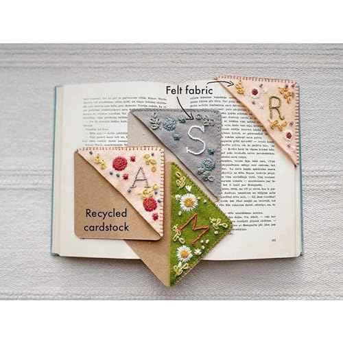 MOTEERLLU Personalized Hand Embroidered Corner Bookmark,Felt Triangle Page Stitched Handmade Bookmark,Unique Cute Flower Letter Embroidery Bookmarks Accessories for Book Lovers
