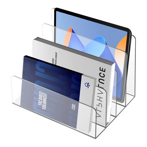 Hariendny 4 Compartments Acrylic File Organizer for Desk, Vertical Letter Holder, Mail Organizer Letter Holder, Acrylic Desk Organizer for Document, Notebook, Letter, 9" x 7" x 7"