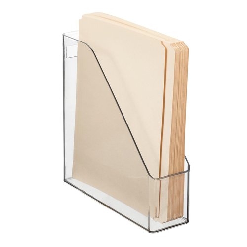 mDesign Plastic Slim Vertical File Folder Storage Organizer Bin with Handle - Hold Notebooks, Binders, Envelopes, Magazines for Home Office, Work Desktops, Ligne Collection, 2 Pack, Clear