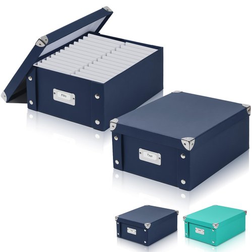 DLUGOPIS 2 Pcs Inch Checks Storage Box with Lid Document Boxes Document Bin Banker Boxes Foldable Receipt Box Storage Navy Blue Cardboard Record Boxes For Business Pesonal Books Files 12"x10"x5"