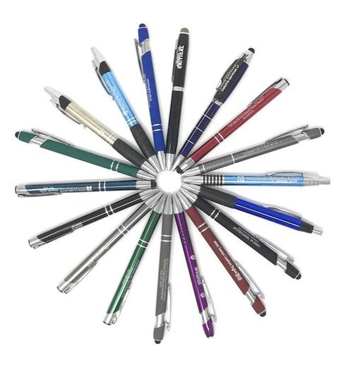 5 lb. Box of Assorted Misprint Metal Retractable Ball Point – Bulk Misprinted Pens, Stylus Tip, Comfort Grips, Wholesale Office Home School Black Blue Ink – Approximately 120 Pens per Box