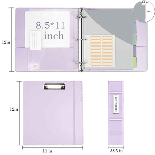 Leather 3 Ring Binder, 2 Inch Binders with Clipboards, 5-Tabs Pockets Dividers, 18 Divider Stikers, Plastic Folder, Pen Holder, Three Ring Binder with Pen Holder(Purple, Letter Size)