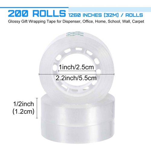 Jetec 200 Rolls Clear Tape Bulk Transparent Invisible Tape Refills 1/2 x 1260 Inches Glossy for Gift Wrapping Dispenser Office School Home Use Gift Wrap Desk Supplies