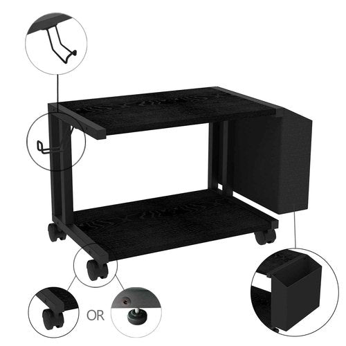 VEDECASA 2 Tier Black Printer Stand with Storage Bag for Home Office Desktop Printer Table Underdesk Organizer Mobile Printer Shelf with Caster Wheel (Black)