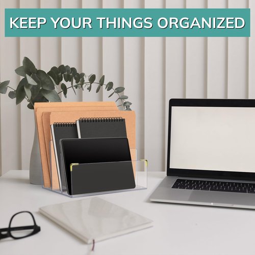 pbf Acrylic File Holder | Clear File Organizer for Desk w/Gold Accents | Acrylic Desk Organizer, Folder Holder, Mail Sorter, File Stand, Magazine Divider, Laptop, Notebook, & Letter Organizer