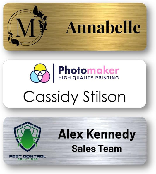 Skiennix Custom Name Tags - Full Color Logo, Scratch Resistant Metal Front | 1.25 x 3 Inch, White