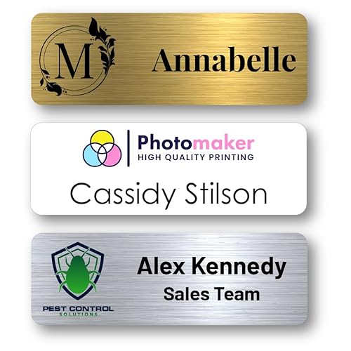 Custom Name Tags - Full Color Logo Name Tags - Scratch Resistant Metal Front & Hard Plastic Back (1x3 Inch, Gold)