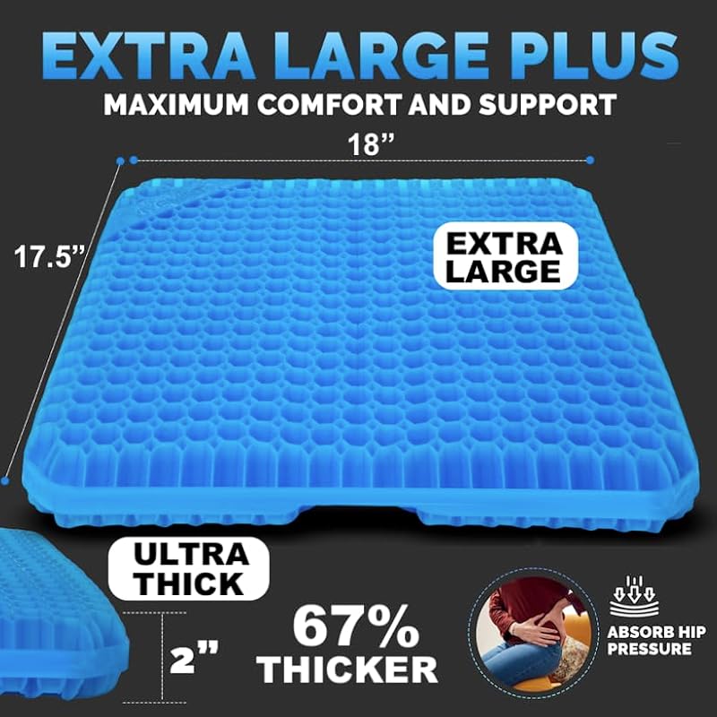 X-Large Gel Seat Cushion for Long Sitting – 2 Inch Ultra Thick, Non-Slip, Portable for Office/Car/Wheelchair