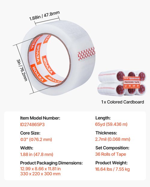 VEVOR Clear Packing Tape, 3 inches Core, 36 Rolls 1.88 Inches x 65 Yards Packing Tape, 2.7 Mil Thick, Heavy Duty Packaging Tape Designed for Moving, Storage and Packing, Shipping and Mailing, Office