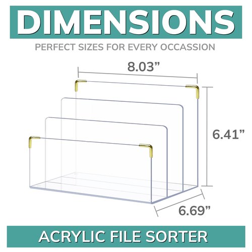 pbf Acrylic File Holder | Clear File Organizer for Desk w/Gold Accents | Acrylic Desk Organizer, Folder Holder, Mail Sorter, File Stand, Magazine Divider, Laptop, Notebook, & Letter Organizer
