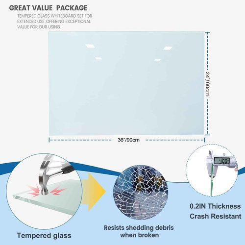 Magnetic Glass Writeboard 36"X24" Hole-Free Premium Tempered Dry Erase Whiteboard Bulletin Message Boards (White)
