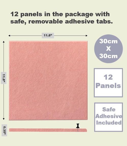 Large Cork Board Alternative - 12-Pack Felt Wall Tiles with Safe Removable Adhesive Tabs, Cork Wall Tiles Bulletin Board Home Office Essentials - Pink