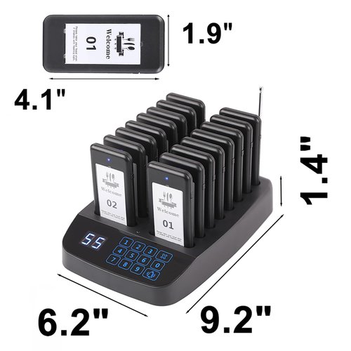 LOUKIENE Restaurant Pager System, 16 Wireless Beepers, Touch Screen Keyboard Calling Customers Waiting Pagers with Vibration Flash and Buzzer for Queue in Food Trucks Churches Hospitals Hotels Eatery
