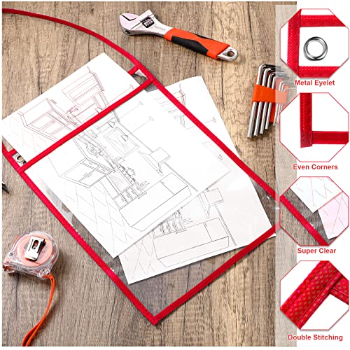 Geyee 50 Pack Job Ticket Holders Work Order Pockets for 9 x 12 Inch Hanging Sleeve Plastic Shop Ticket Holders with Strap, Both Sides Clear(Red)