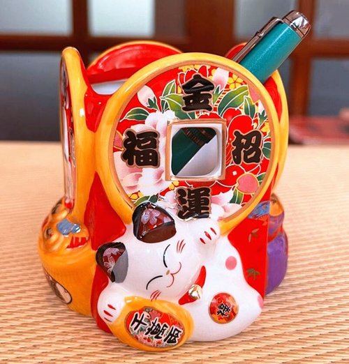 EatingBiting 4.1" Ceramic Pencil Holder for Organizer Cooking Utensil Holder Cactus Pot Fortune Japanese Lucky Beckoning Cats coin treasure Maneki Neko Flower Pot Vase Pen Holder