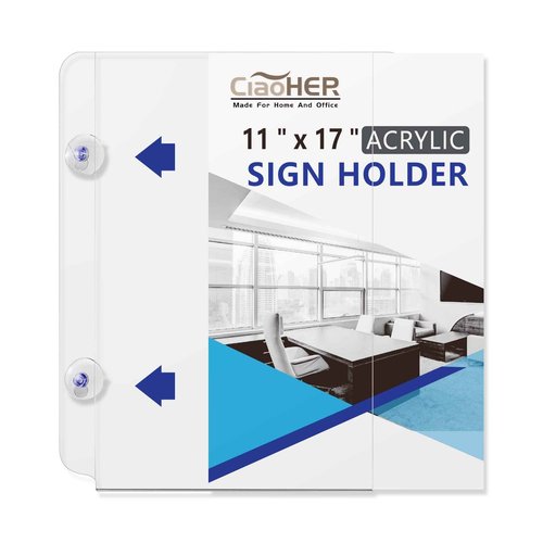 CiaoHER Acrylic Window Sign Holder 11 x 17, Clear Acrylic Frames Glass Window Mount Advertising Signage Sign Holder with 4 Suction Cups for Mall, Office, Home, Restaurant, Vertical （2 Pack）