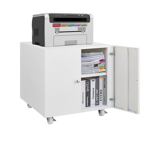 FURSTEL Home Office Printer Stand with Storage - Mobile on Wheels Printer Cabinet, File Cabinet with Door & Adjustable Shelf, White, Compatible with Printer, Scanner, Fax, Computer