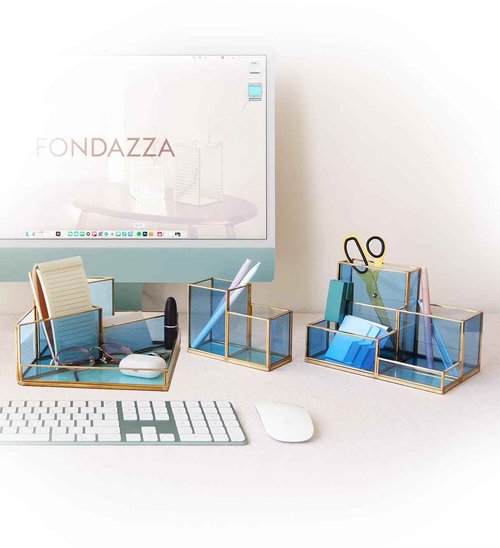 FONDAZZA Set of 3 Gold Desk Organizers for Home Office Supplies, Gold Brass and Blue Glass, 1 Each of 5, 4 & 2-Compartment Storage for Stationery, Cosmetic, makeup tools and Brush.