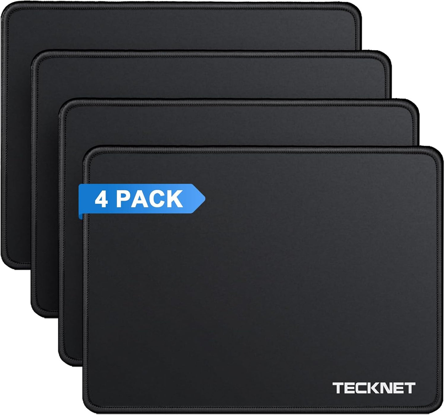 TECKNET Gaming Mouse Pad - Waterproof Surface, Anti-Fray Stitching & Non-Slip Rubber Base | 4 Pack - Black