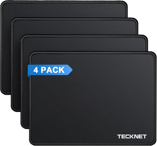 TECKNET Gaming Mouse Pad - Waterproof Surface, Anti-Fray Stitching & Non-Slip Rubber Base | 4 Pack - Black