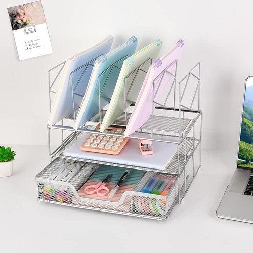 Youbetia Desk Organizers and Storage - Double Tray and 5 Upright Sections, Desk Accessories Office Supplies File Organizer, Book Display & Storage for School or Office, Silver