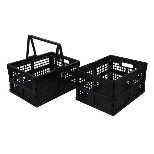 Hommp 2-Pack Collapsible Plastic Crate, 15 L Stackable Folding Crates with Handle, Black