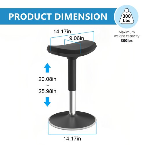 Standing Desk Chair, Ergonomic Office Swivel Stool, Wobble Stool, Height Adjustable Chair Without Backrest for Office, Home,Living Room (Black, 20~25‘’)