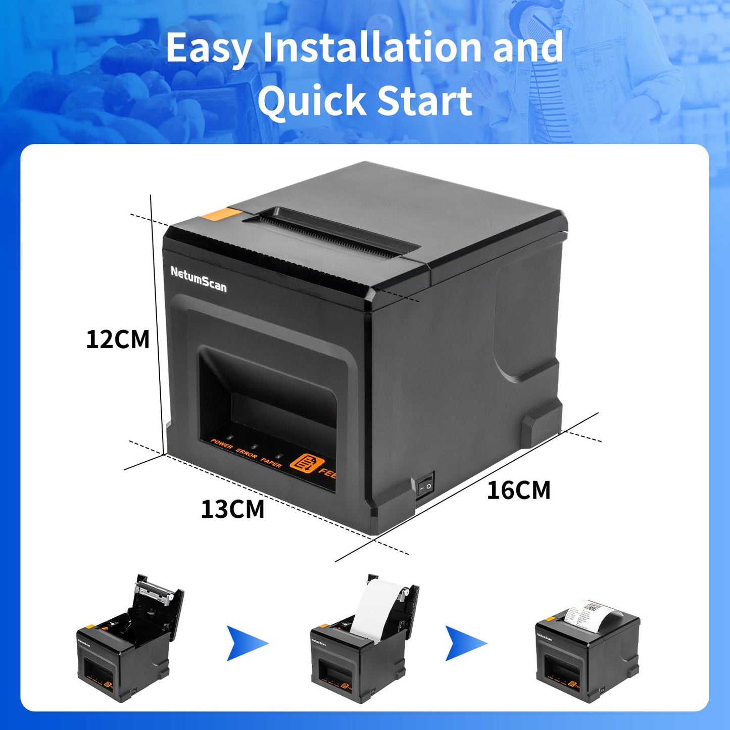NetumScan POS Receipt Printer, 80mm USB Thermal Receipt Printer with Auto Cutter Cash Drawer, 300mm/s, USB Interface, Support Windows/Mac/Linux, Restaurant Kitchen Printer for ESC/POS