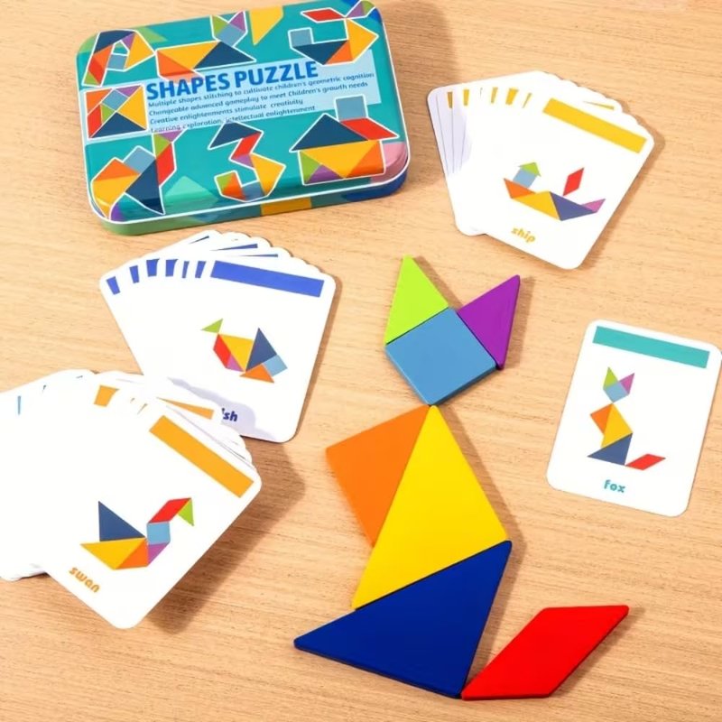 Tangram Puzzle Educational Geometry Game with Tin Storage Box and Pattern Cards for Classroom Learning, Travel, Festivals, Colorful