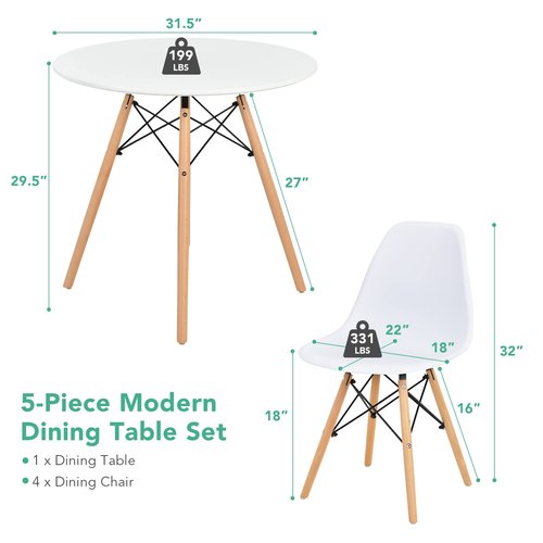 Giantex Round Dining Table Set for 4, 5-Piece Kitchen Table Chairs Set, Modern 31.5" D Dining Table & 4 Dining Chairs with Solid Wood Legs, Dinette Table Set for Small Spaces Dining Room Restaurant