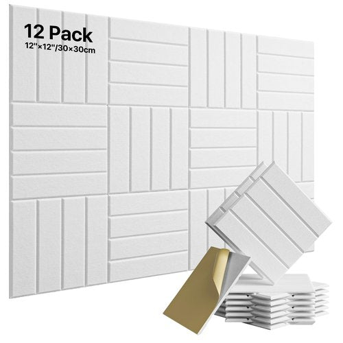 12 Pack Sound Proof Foam Panels for Walls, Self-Adhesive Acoustic Panels Sound Absorbing, 12" X 12" X 0.4" High Density Soundproof Wall Panels Tiles for Door, Ceiling, Home Office, White