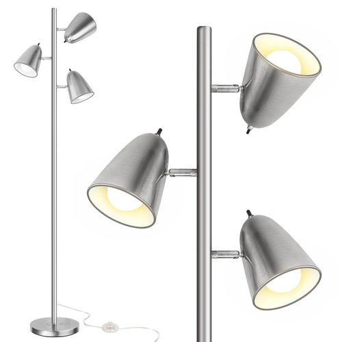 QiMH Tree Floor Lamp with 3 Light Bulbs, Standing Tall Pole Lamps for Living Room Bedroom Office, Reading Stand up Lamps with 3 Adjustable Arms,Brushed Nickel