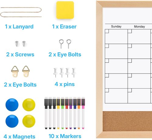 OWLKELA Magnetic Dry Erase Calendar & Cork Board - 17 x 13 Wall Organizer for Home, Office, School