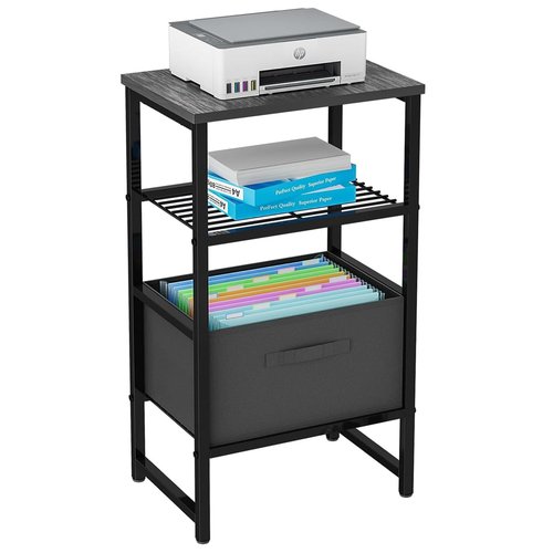 Printer Stand with Storage Shelves and Fabric Drawer, 4-Tier 11.8" D x 16" W x 32" H Printer Table, Side Table Desk for Home Office, Metal Shelf Holder for Fax Machine, Scanner, Black