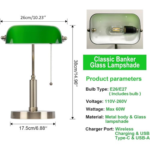 FIRVRE Glass Bankers Desk Lamp with Wireless Charger, 2 USB Charging Port, Vintage Desk Lamp with Pull Chain Switch, Retro Table Lamps for Home Office, Piano, Library (LED Bulb Included)