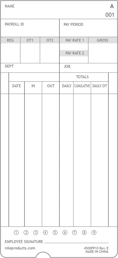 Nile Products - Authorized Time Cards for Nile Products 4500PP Compatible [ 4500PP10 ] Electronic Time Clock, Double Sided Time Sheets (3.37 x 7.37 Inches) - 100 Time Cards Per Package