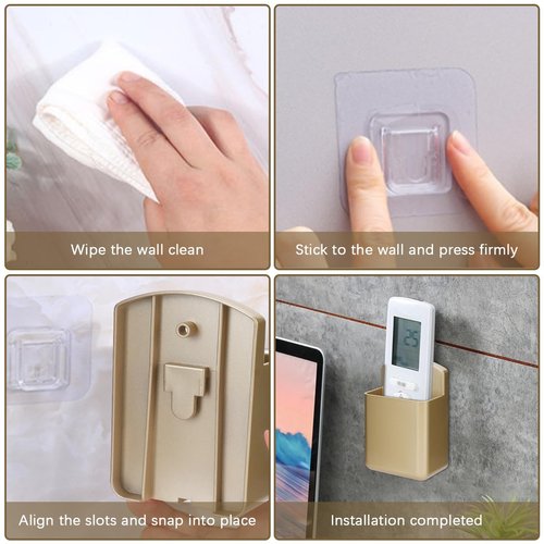 TIE-DailyNec 6 Pack Remote Control Holder Wall Mount Media Controller Organizer Self Adhesive TV Remote Storage Box Wall Pen Holder for Bedroom Headboard Home Office School (Gold)