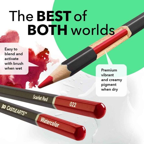 Castle Art Supplies 72 Watercolour Colouring Pencils Set in Zip-Up Case for Adults Artists | Quality Cores with Vivid Colours to Create Beautiful Blended Effects with Water | Includes travel case