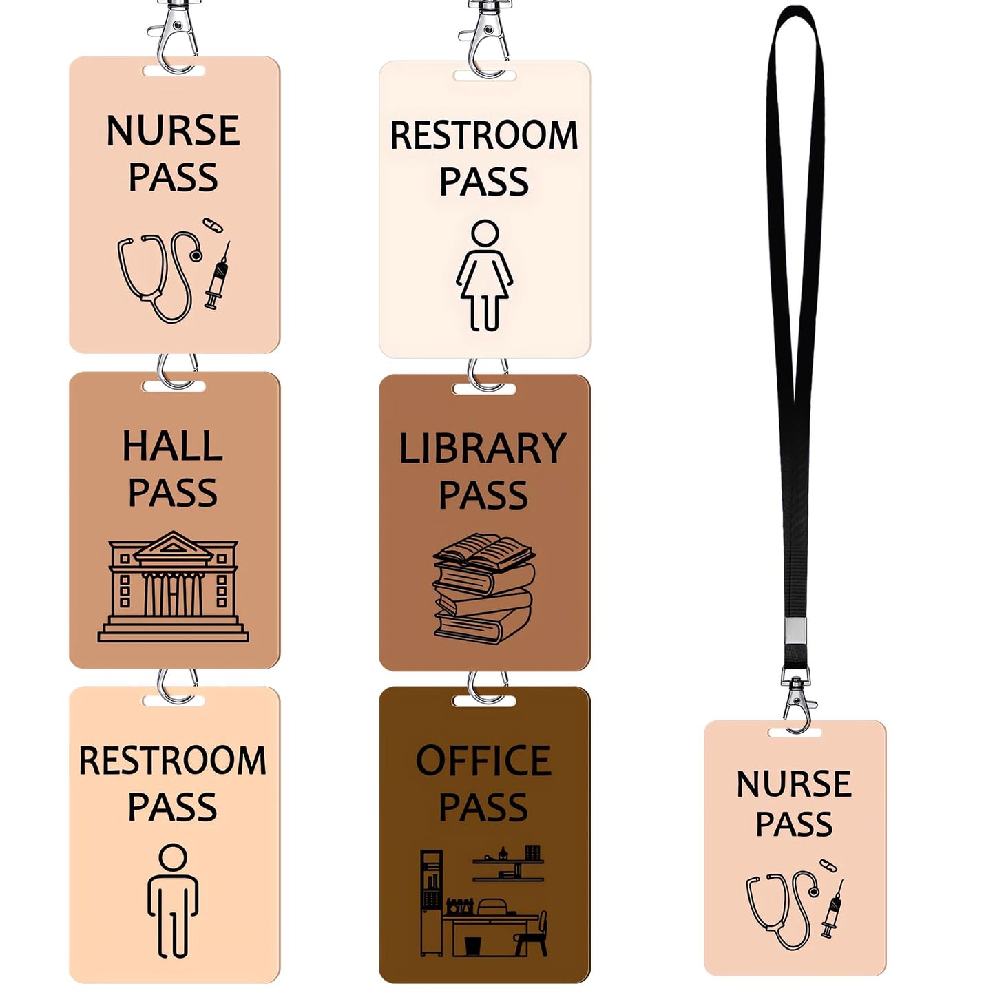 Sabary 6 Sets Hall Pass Lanyards and School Passes Set Unbreakable Wooden Bathroom Passes for Classrooms Hall, Restroom, Library, Office and Nurse School Teacher Supplies Gift(Skin Color)