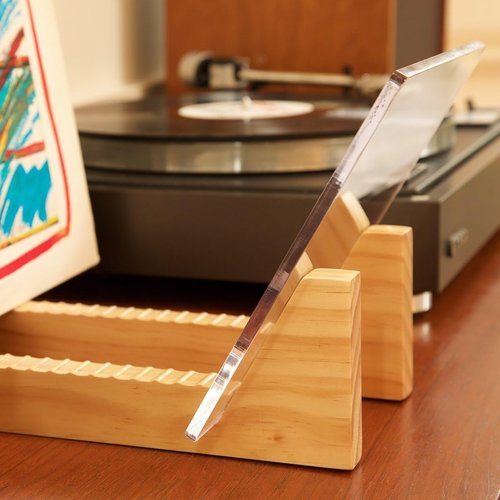 KAIU Vinyl Record Storage Holder - Premium Solid Wood & Acrylic Design | Holds Up to 50 Albums (Clear)