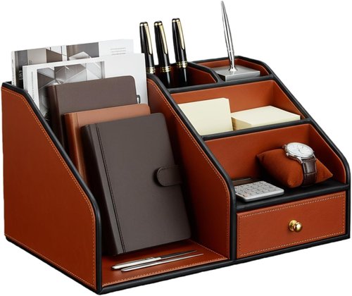 KINGFOM Desk Organizer - Multifunctional 6 Compartment PU Leather Holder for Office Supplies | Brown