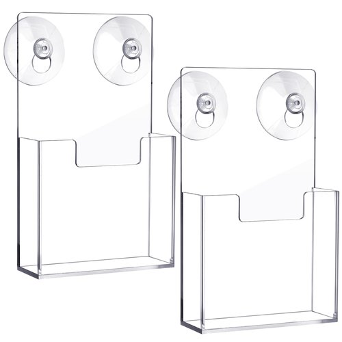 Thyle 2 Pcs Acrylic Brochure Holder with Suction Cups Wall Mount 7.4 x 4.2 Inch Window Clear Plastic Pamphlet Organizer Flyer Display Rack for Trifold Page Booklet Sticker Marketing Office Retail Shop